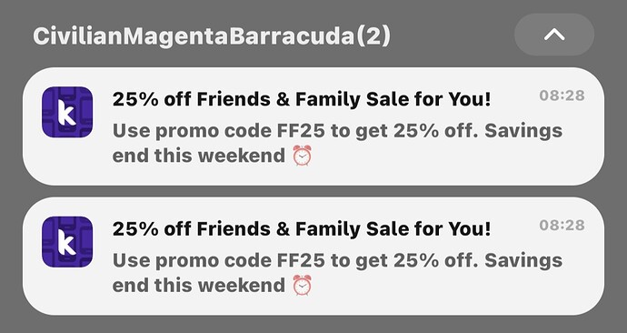 The image shows two identical notifications promoting a 25% off Friends & Family Sale with the promo code FF25, urging users to save before the weekend ends. (Captioned by AI)