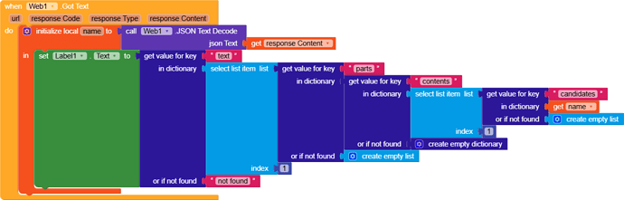 This image shows a visual block-based programming script that decodes a JSON response from a web API and extracts specific nested data elements such as parts and candidates, setting a label's text accordingly. (Captioned by AI)
