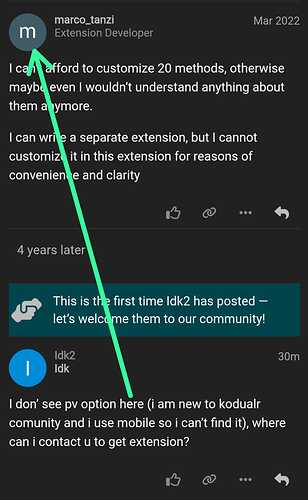 A conversation thread from a developer community where a user discusses difficulties customizing methods and seeks a separate extension, followed by a comment about it being the first time the user has posted and a response about needing access to mobile extensions. (Captioned by AI)