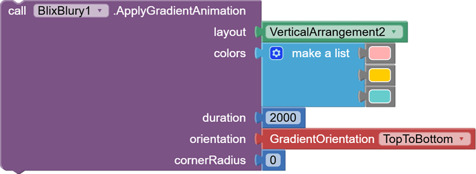 The image shows a block-based programming interface where a gradient animation is applied to a vertical arrangement with specified colors, duration, orientation, and corner radius settings. (Captioned by AI)