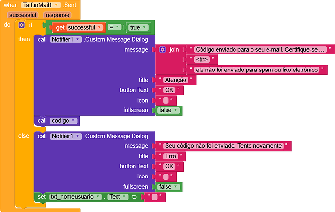 A block-based programming interface showing logic for sending a code via email, displaying success or error messages in Portuguese depending on the result. (Captioned by AI)