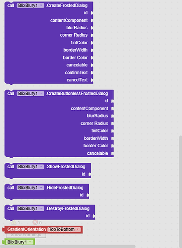The image shows a visual programming interface with blocks for creating, showing, hiding, and destroying frosted dialogs using the BlixBlury1 component, along with a gradient orientation setting block. (Captioned by AI)
