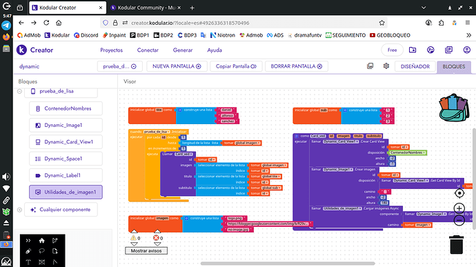 The image shows a Kodular Creator interface with blocks of code designed for a dynamic image processing project, featuring various control and logic blocks connected to manage image components and variables. (Captioned by AI)