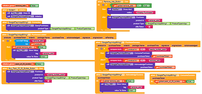 A block-based visual programming interface with colour-coded blocks representing code logic for initializing global variables, handling Google Play app billing, and managing in-app purchases. (Captioned by AI)