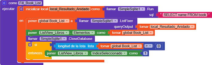 This image shows a block-based programming script that queries a SQLite database to retrieve book names and updates a list view component with the retrieved book list, selecting the first item if the list is not empty. (Captioned by AI)