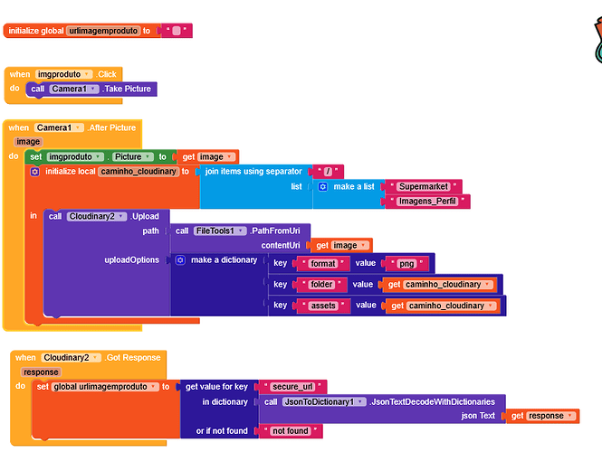 A visual programming interface with blocks configuring a camera to take a picture, upload it to a cloud service, and handle the response URL. (Captioned by AI)