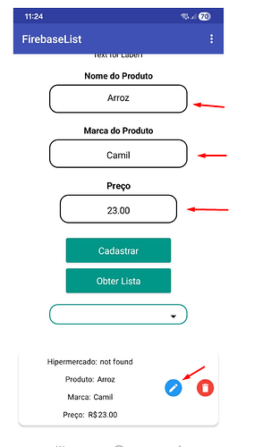A mobile app interface titled 'FirebaseList' showing fields for product name, brand, and price, with buttons to register and obtain the list, and a card displaying a product entry with edit and delete icons. (Captioned by AI)