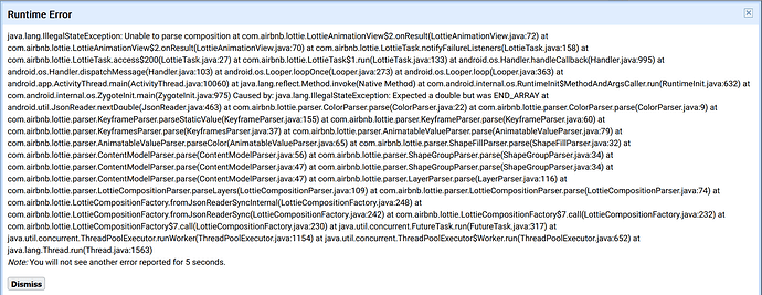 A Runtime Error window displaying a detailed Java stack trace related to a concurrency and animation issue in an Android application. (Captioned by AI)