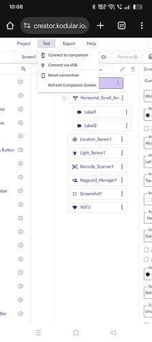 The image shows a mobile screen displaying the Kodular Creator interface with a project open, featuring a list of components like sensors and labels, and the 'Connect' dropdown menu expanded with options related to connection settings. (Captioned by AI)