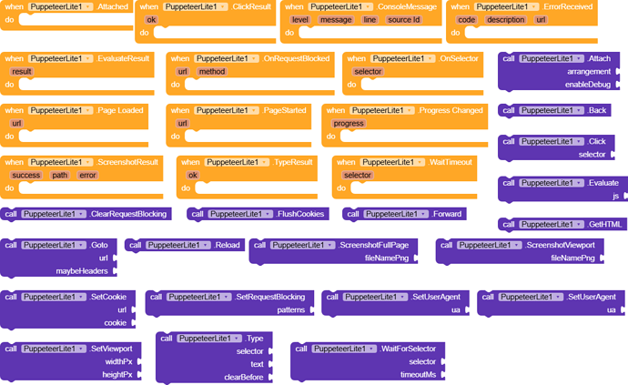 The image shows a code script composed of coloured blocks with labelled commands designed to automate web interactions and data extraction using Puppeteer in a visual programming environment. (Captioned by AI)
