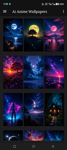 A smartphone screen displays a gallery of vibrant anime-style wallpapers featuring dramatic night scenes with neon lights, moons, trees, and fantasy landscapes. (Captioned by AI)