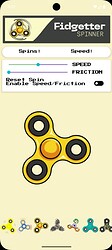 A Fidgetter Spinner app interface showing a three-pronged yellow and black fidget spinner with controls for spins, speed, friction, and options to enable or disable speed and friction features. (Captioned by AI)