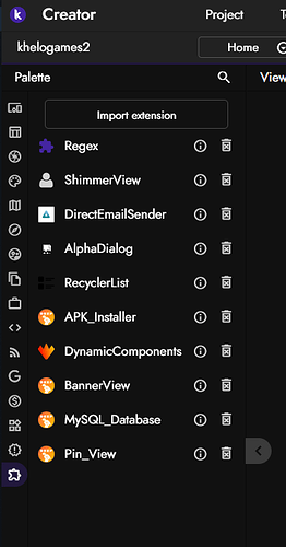 This image shows a software interface for a project named "khelogames2" with a palette sidebar listing various imported extensions such as Regex, ShimmerView, DirectEmailSender, AlphaDialog, RecyclerList, APK_Installer, DynamicComponents, BannerView, MySQL_Database, and Pin_View. (Captioned by AI)