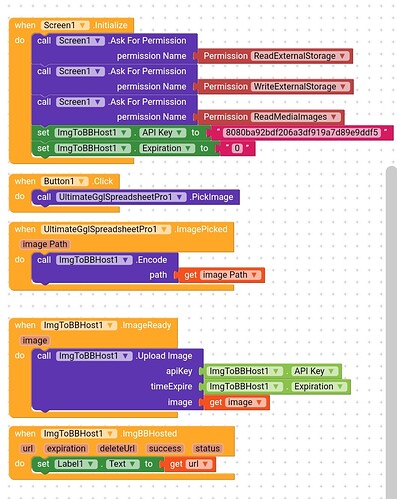 This image shows a block-based programming interface with code blocks related to permissions, image uploading, and encoding for Google Sheets API integration. (Captioned by AI)