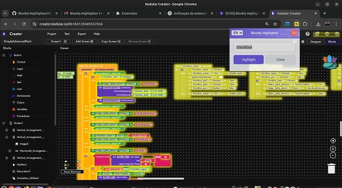 A screenshot of a block-based coding environment showing colourful, interconnected code blocks with a modal window titled 'Blockify' offering options to 'Highlight' or 'Clear'. (Captioned by AI)