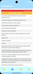 A mobile phone screen displays the RTUdroid app showing a list of recent news articles related to RTU, with red and white interface elements and notification icons at the top. (Captioned by AI)