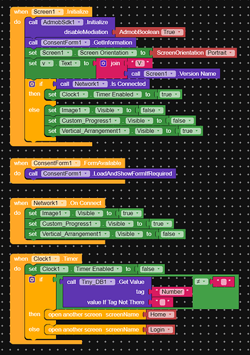 The image shows a visual block-based programming interface with colorful blocks arranged to initialize settings, handle network connectivity, manage form availability, and implement a timer-based conditional action for navigating between screens. (Captioned by AI)