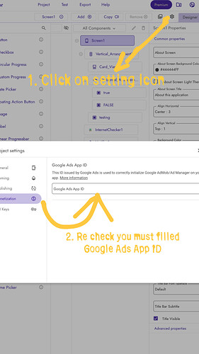 The image provides a step-by-step guide with arrows and numbered instructions, showing how to click on the settings icon and verify that the Google Ads App is filled in a user interface. (Captioned by AI)