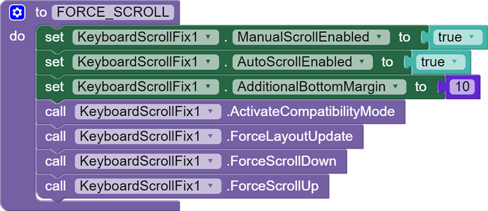 A block of code visually representing a procedure named FORCE_SCROLL that sets properties and calls methods related to KeyboardScrollFix1 to enable manual and auto scrolling, adjust bottom margin, activate compatibility mode, update layout, and force scrolling actions up and down. (Captioned by AI)