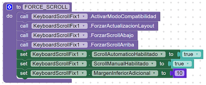 This image shows a block-based programming script that activates compatibility mode, forces layout updates and scrolling in both directions, and sets automatic and manual scrolling enabled with an additional bottom margin in a component named KeyboardScrollFix1. (Captioned by AI)