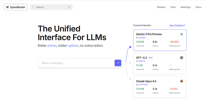 A webpage for OpenRouter showcasing a unified interface for large language models (LLMs) with featured models, their ratings, latency, and weekly growth statistics. (Captioned by AI)