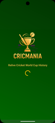 A green-themed loading screen for the Cricmania app, featuring a yellow cricket bowl and bat logo with the text 'CRICMANIA' and the tagline 'Relive Cricket World Cup History.' (Captioned by AI)