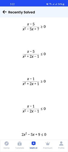 The image displays a list of algebraic inequalities involving rational and quadratic expressions under the heading 'Recently Solved' in a mathematics app. (Captioned by AI)