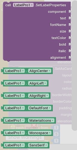 The image shows a block-based programming interface with a function call to set label properties and several dropdown blocks for alignment, font, and icon settings. (Captioned by AI)