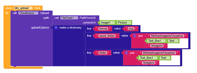 A block of visual programming code that uploads an image file using Cloudinary, specifying format and folder paths dynamically based on user input from Text_Box1. (Captioned by AI)