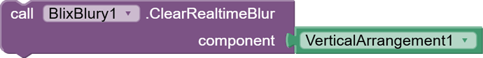 A visual programming block calling the ClearRealtimeBlur method on the BlixBlury1 component with VerticalArrangement1 as its parameter. (Captioned by AI)