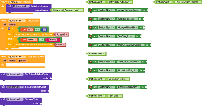 The image shows a visual programming interface with blocks of code for configuring a bottom navigation component, including setting tab orders, icons, colors, and handling click events. (Captioned by AI)