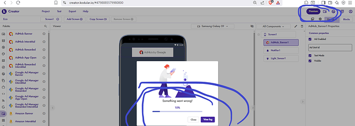 The image shows a screen from the Kodular Creator interface with a Samsung Galaxy S9 preview displaying an error message stating 'Something went wrong!' with options to Close or Verify. (Captioned by AI)