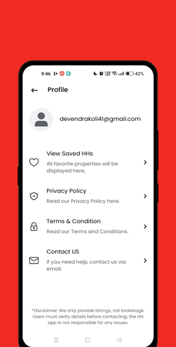 A mobile app profile screen displays an email address, options for viewing saved posts, privacy policy, terms and conditions, and contact information against a red background. (Captioned by AI)