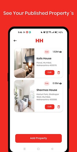 A mobile app screen displaying a list of published properties with options to edit them and a button to add a new property. (Captioned by AI)
