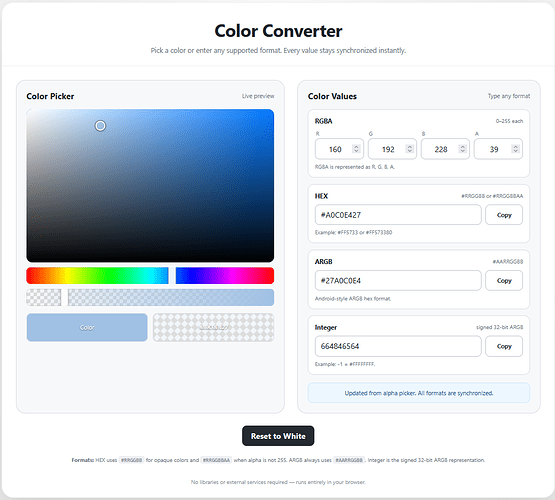 A Color Converter tool interface showing a color picker and synchronized color values in RGBA, HEX, ARGB, and Integer formats. (Captioned by AI)
