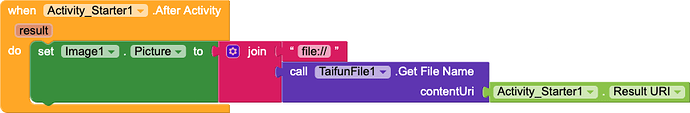 This image shows a block-based programming snippet where, after an activity result is received, an image component's picture is set to the file path obtained by combining 'file://' with the file name retrieved from a URI using a file component. (Captioned by AI)