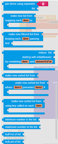 The image displays a series of visual programming blocks representing various list operations such as joining items, mapping, filtering, reducing, sorting, and finding minimum or maximum values. (Captioned by AI)