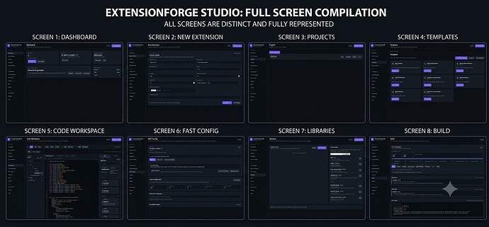 A compilation of eight distinct full-screen user interfaces of ExtensionForge Studio, including dashboards, project creation, templates, code workspace, configuration, libraries, and build screens. (Captioned by AI)
