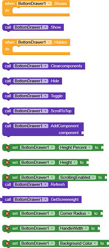 A visual programming interface showing various event handlers and method calls for a component named BottomDrawer1, including commands for showing, hiding, toggling, scrolling, adding components, and setting properties with some errors indicated. (Captioned by AI)