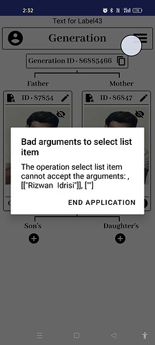 The image shows a mobile app screen with a pop-up error message stating 'Bad arguments to select list item: The operation select list item cannot accept the arguments , ["Rizwan Idrisi"]' and an 'END APPLICATION' button. (Captioned by AI)