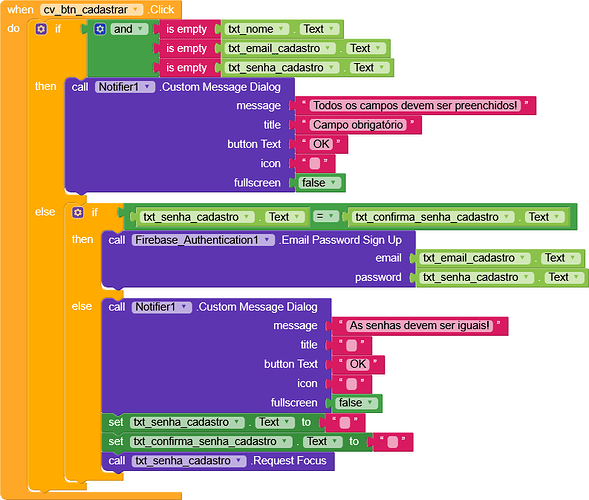 A visual programming block checks for empty fields and password confirmation in a user registration form, triggering appropriate notifications or Firebase authentication calls. (Captioned by AI)