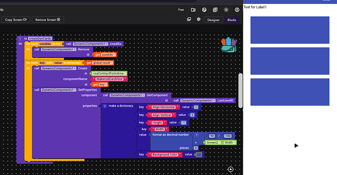 A visual programming interface with colorful code blocks arranged on a grid background, next to a panel containing three blue rectangular dynamic cards. (Captioned by AI)