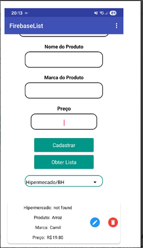 A mobile app interface in Portuguese for registering and retrieving product information from a Firebase list, showing fields for product name, brand, price, and a dropdown to select a supermarket, with a displayed entry for rice priced at R$19.80. (Captioned by AI)