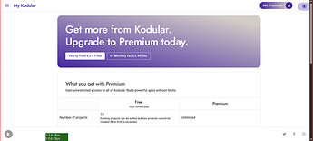 A webpage prompting users to upgrade to Kodular Premium for unlimited access to AI or Kodular built-powered apps with visibly compared subscription plans. (Captioned by AI)