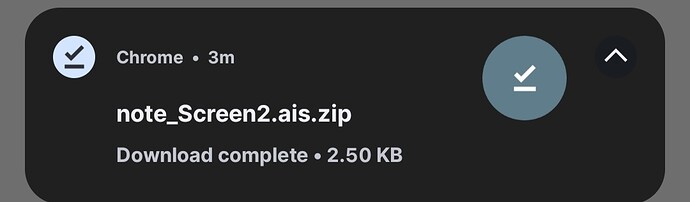 A Chrome notification shows that the file note_Screen2.ais.zip has been downloaded, with a file size of 2.50 KB. (Captioned by AI)