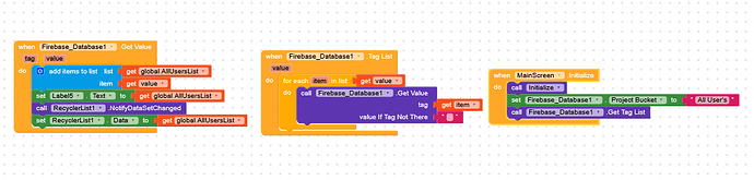 This image shows a block-based programming interface with three code blocks that initialize a Firebase database, retrieve a tag list, and update a RecyclerList with items from the database. (Captioned by AI)