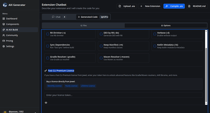 A screenshot of a software interface showing an AI generator tool with options for creating extensions, including settings for R8 Shrinker, DEX by R8, Verbose, and other build and metadata configurations. (Captioned by AI)