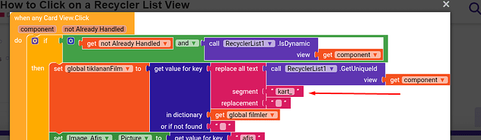 A visual programming block diagram showing a conditional statement for handling clicks on a Recycler List View component with various function calls and variable assignments. (Captioned by AI)