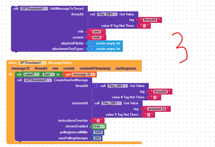 This image shows a visual programming interface with blocks related to adding and managing messages in a thread, including database calls and setting various parameters, with the number 3 handwritten in red on the right side. (Captioned by AI)