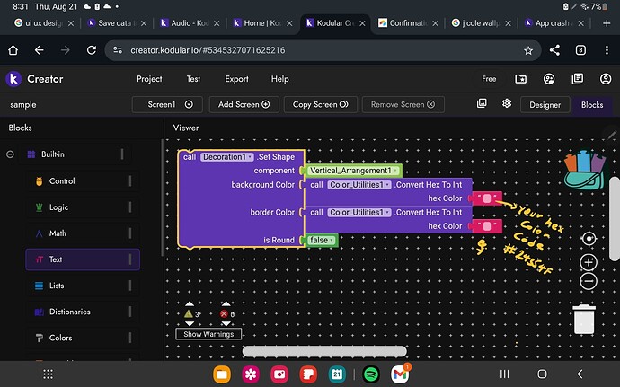 The image shows a graphical programming interface with blocks labelled 'on start' and 'basic show icon', configured to display an icon on a simulated device screen on the right side of the interface. (Captioned by AI)